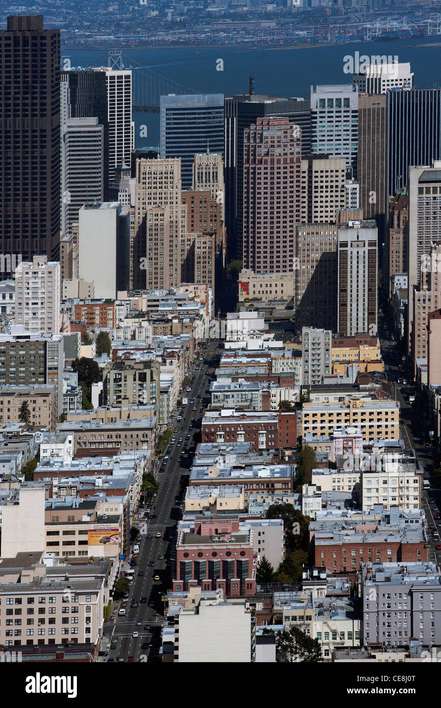 aerial photograph down Bush Street toward financial center San