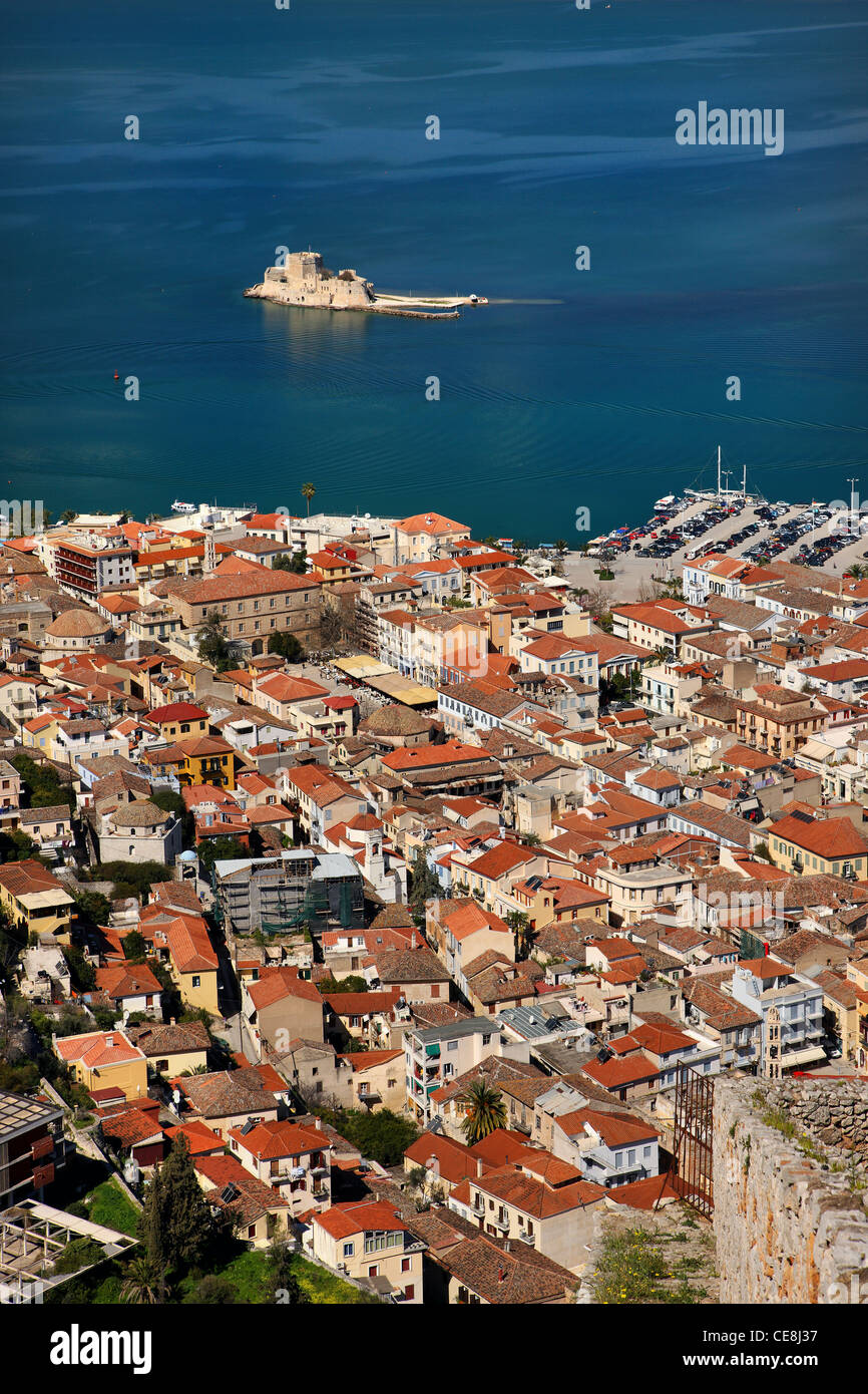 Panoramic view of  the old part Nafplio town and the Argolic gulf from Palamidi Castle. In the background, Bourdzi little castle Stock Photo