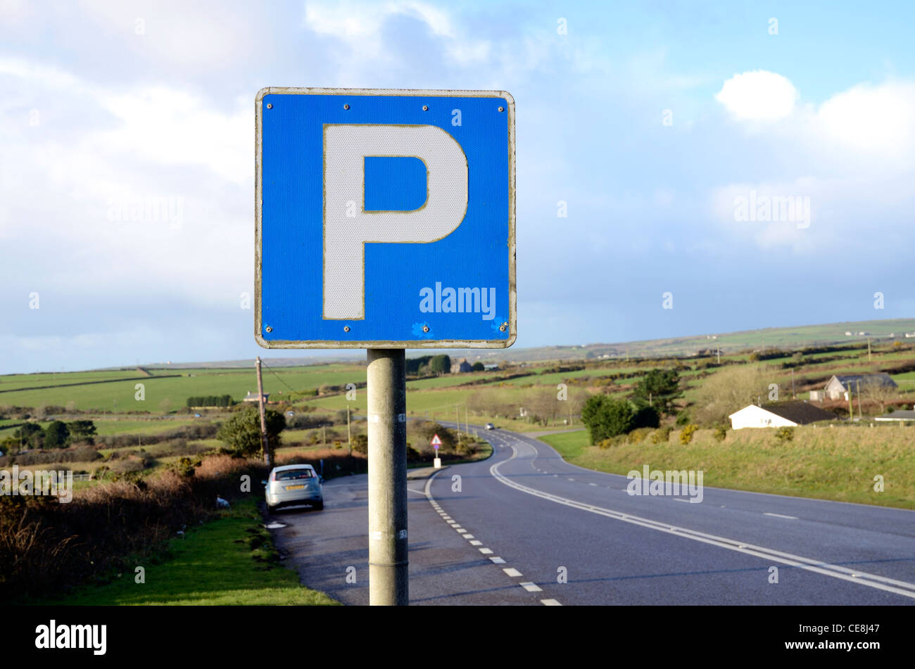 A roadside parking sign near Helston in Cornwall, UK Stock Photo