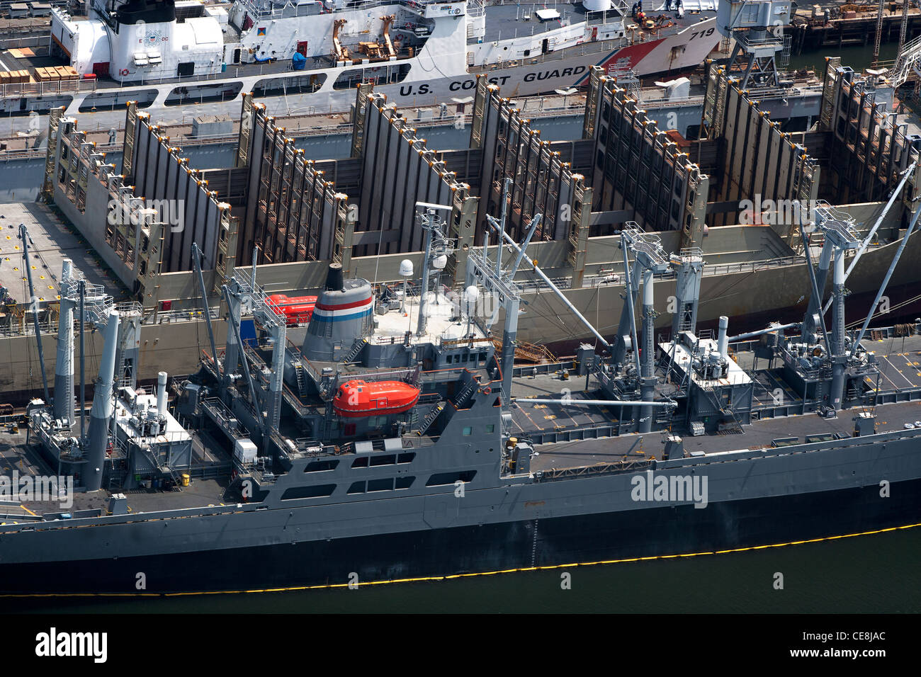 aerial photograph Coast Guard Merchant Marine berthed pier San Francisco, California Stock Photo