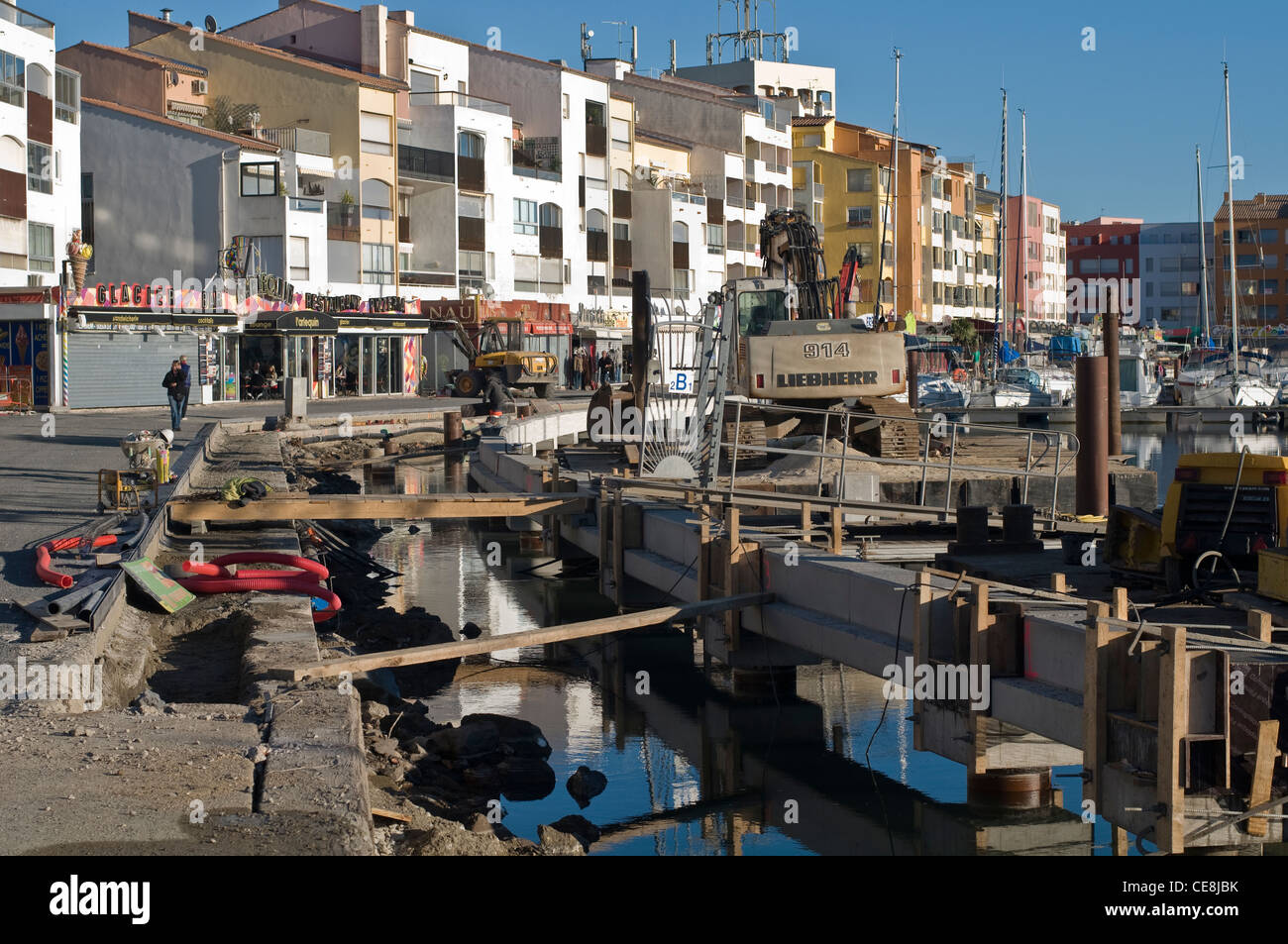 Quayside at Cap D'Agde,Center port,during time of major renovations. Stock Photo