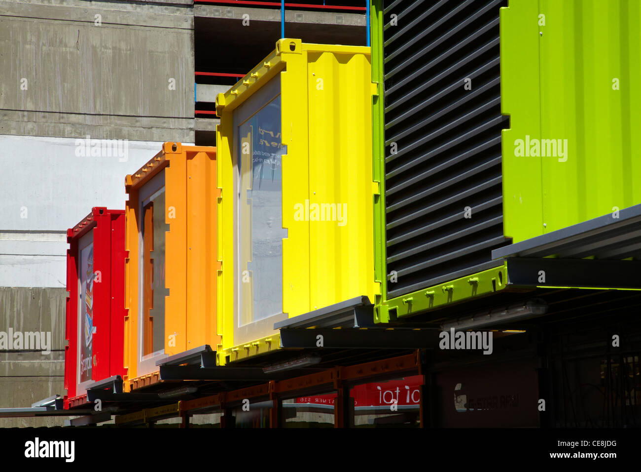Brightly painted shipping containers at ReSTART container mall, Cashel