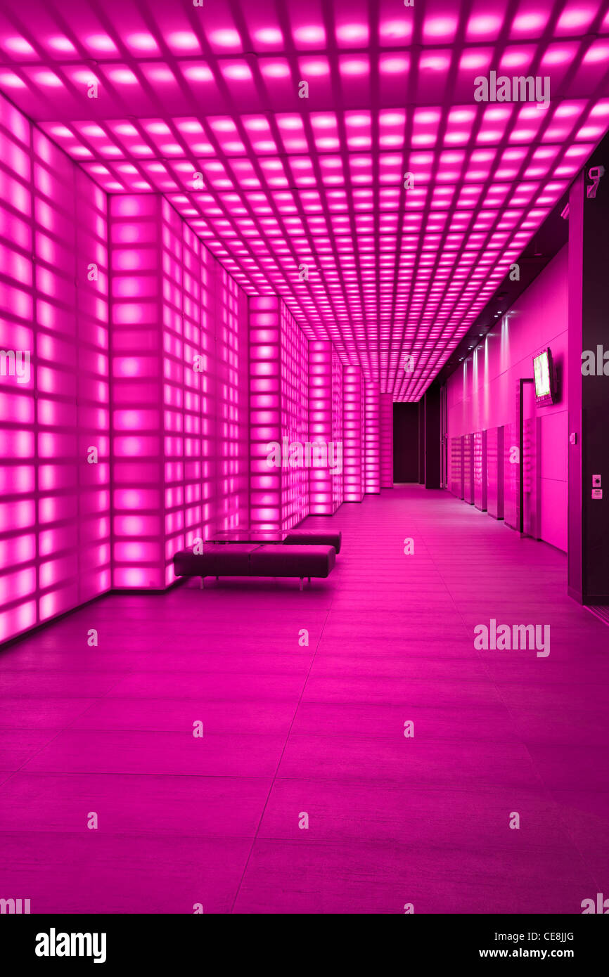 Pink lighting wall lighting lobby / entrance room to night club or disco. Stock Photo