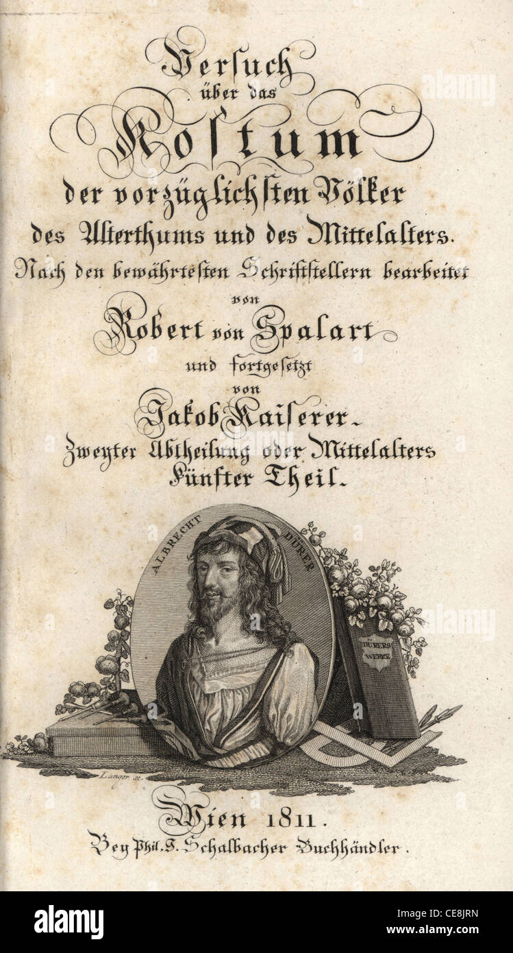 Calligraphic title page with vignette portrait of Albrecht Durer. Stock Photo