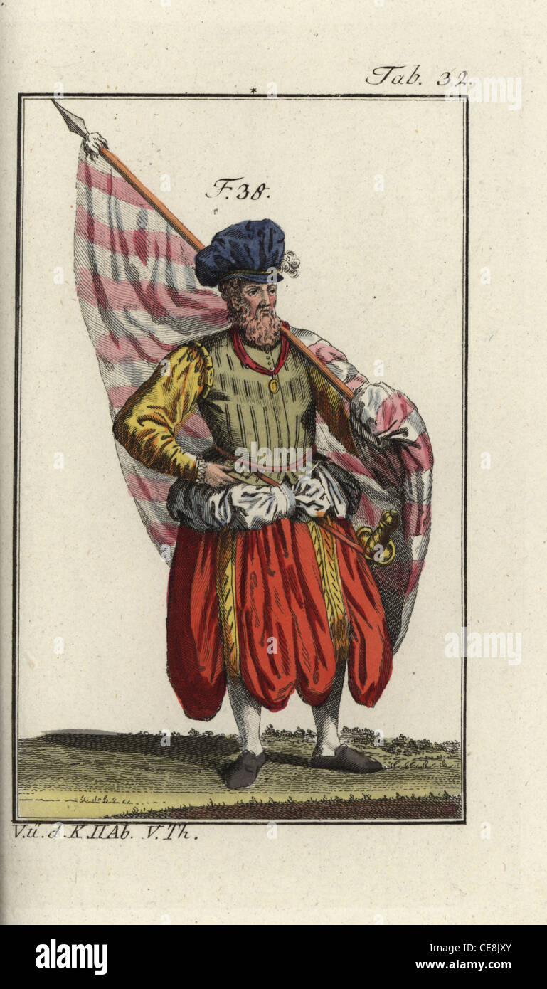 German standard-bearer in baggy long breeches 1588. Stock Photo