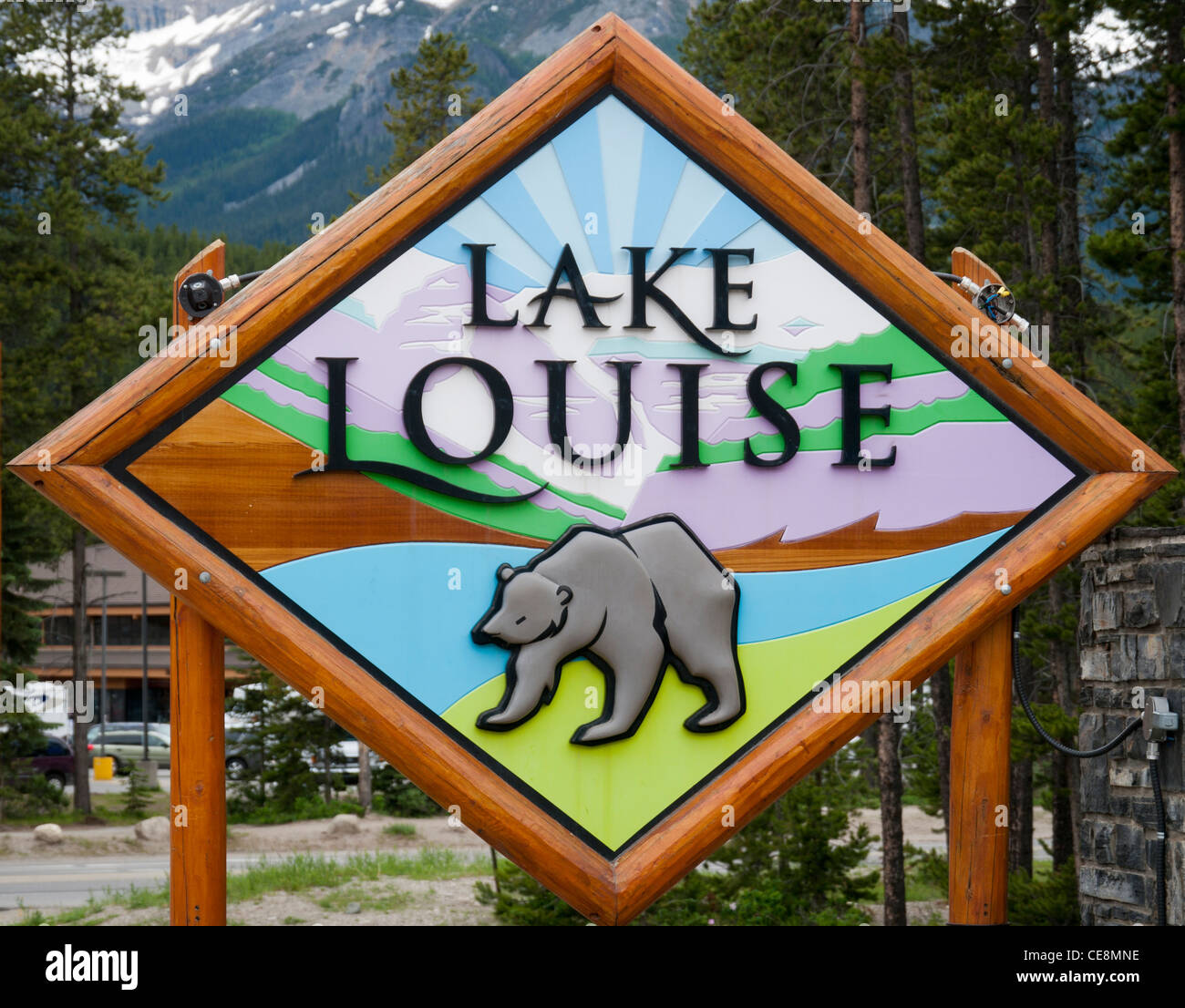 Entrance sign to Lake Louise in Banff National Park Alberta Canada Stock Photo
