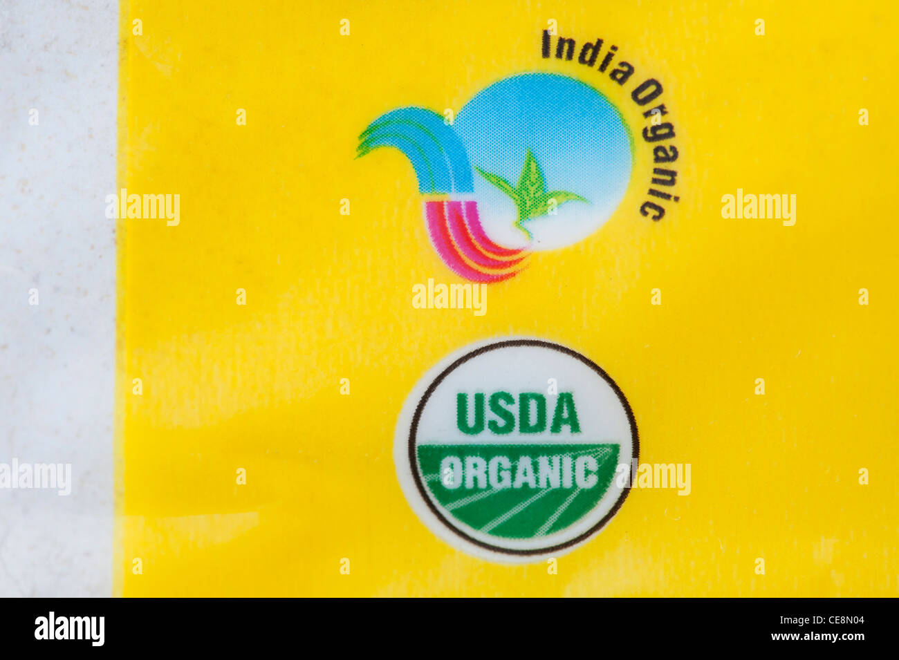 India organic. USDA Oragnic. Organic lifestyle food label on whole wheat flour plastic packaging. India Stock Photo