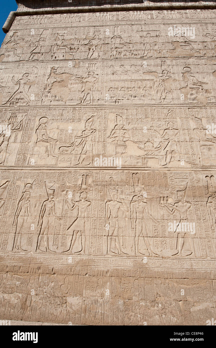 Hieroglypic carvings on wall at the ancient egyptian temple of Khnum in ...