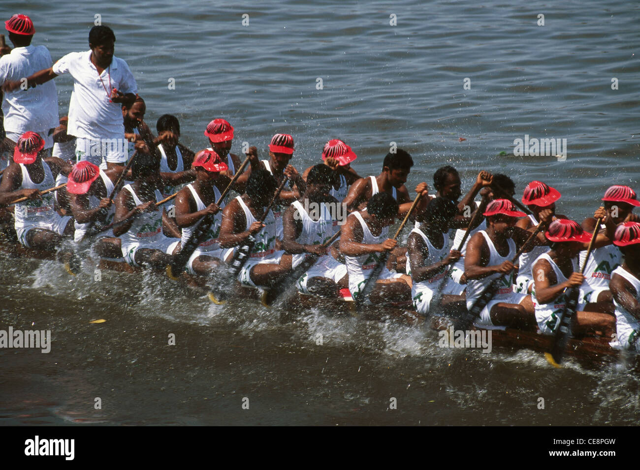 men rowing in indian Boat Race alappuzha Alleppey Kerala india Stock