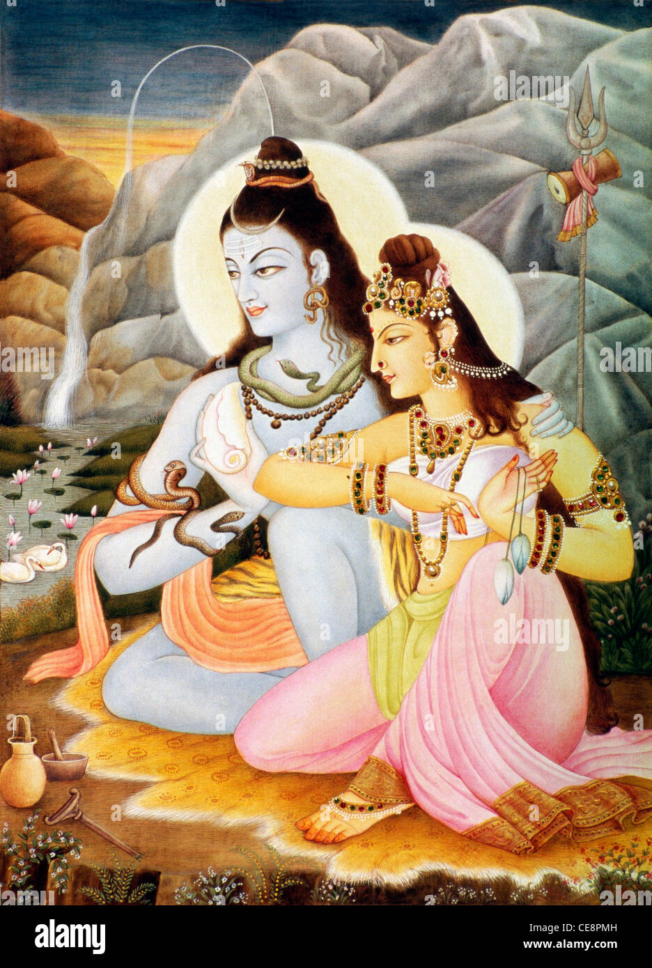 Lord Shiva and his wife Parvati, miniature painting on paper, dpa ...