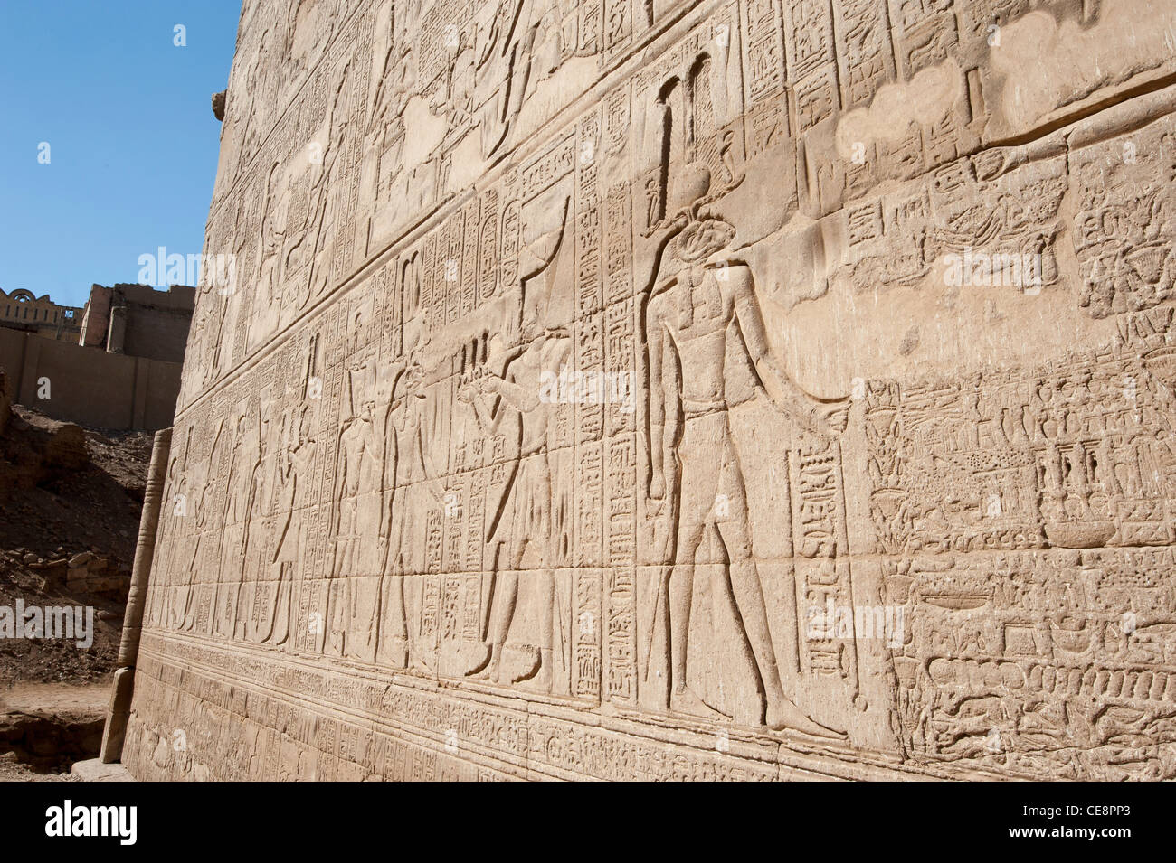 Hieroglypic carvings on wall at the ancient egyptian temple of Khnum in ...