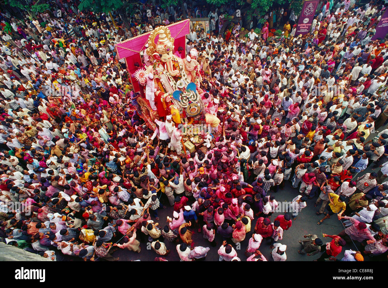 crowd at Ganesh ganpati Festival Elephant head Lord immersion visarjan ; lalbaug ; bombay mumbai ; maharashtra ; india Stock Photo