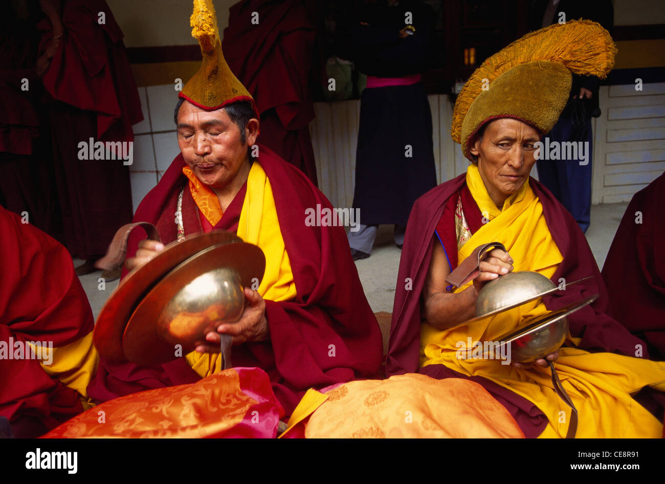 SSK 81466 : buddhist lamas playing musical instrument cymbol at ladakh ...