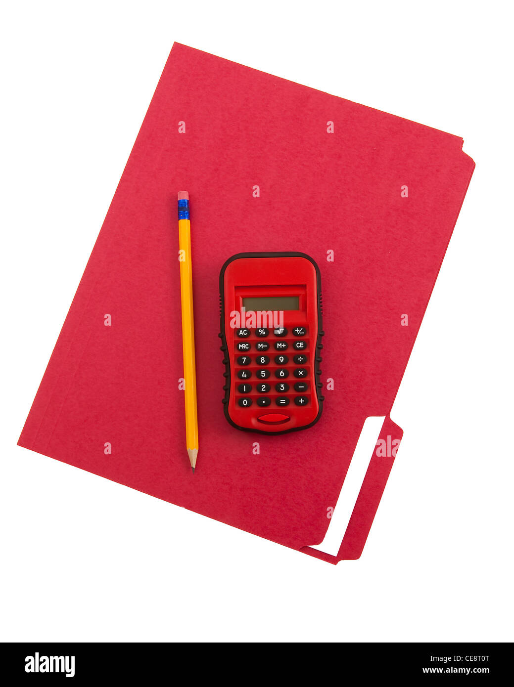 Red calculator and file folder Stock Photo