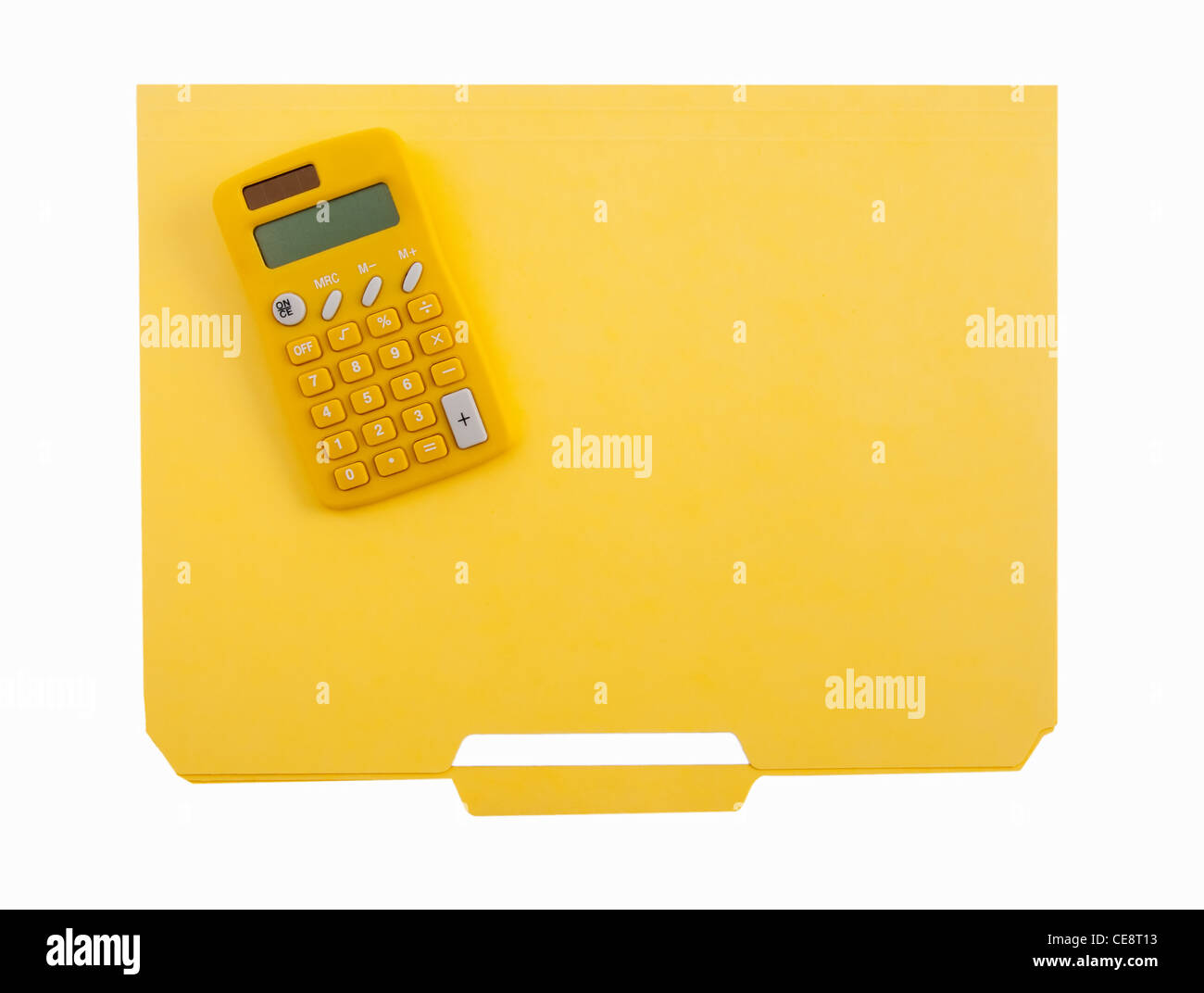 Yellow calculator and file folder Stock Photo