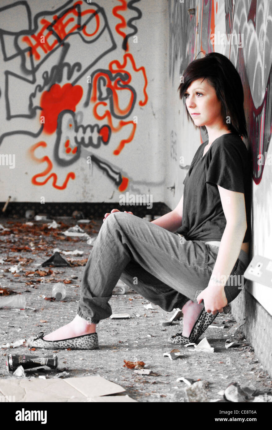 Girl modeling in abandoned building Raf base Stock Photo