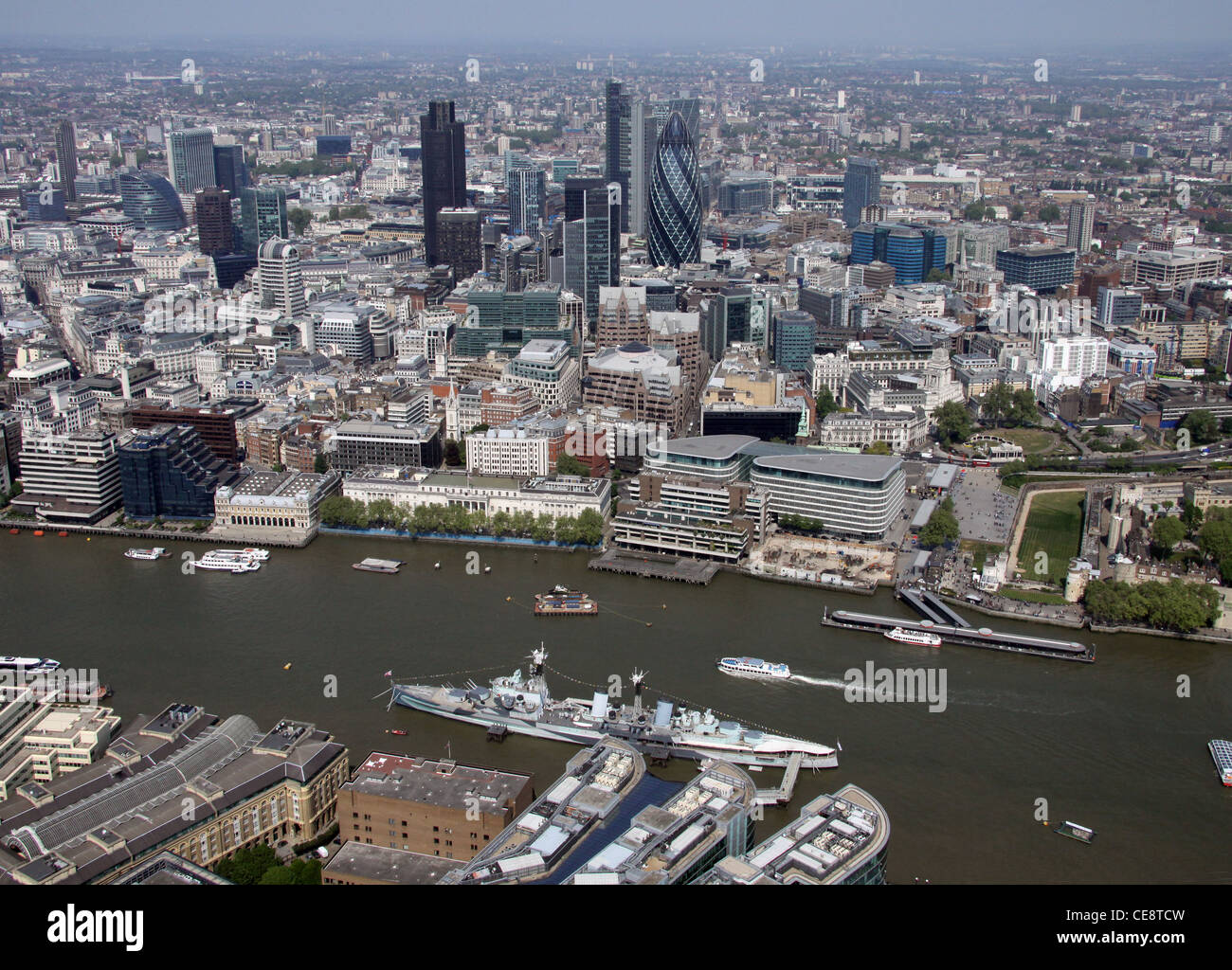 Aerial image of HMS Belfast and the City of London Stock Photo