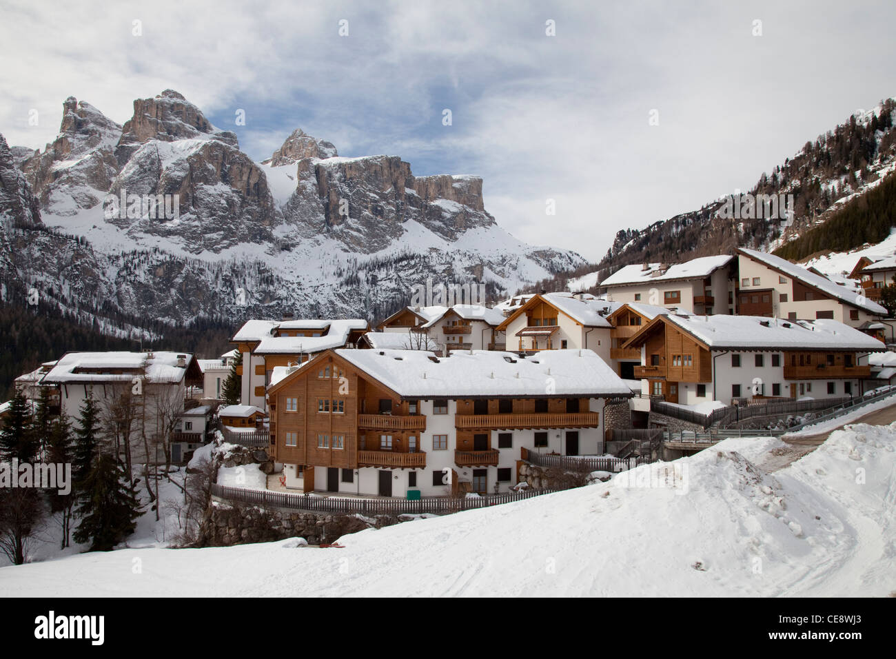 Kolfuschg in front of Sella massif, Colfosco, Gader valley, Val Badia, Dolomites, South Tyrol Italy, Europe Stock Photo