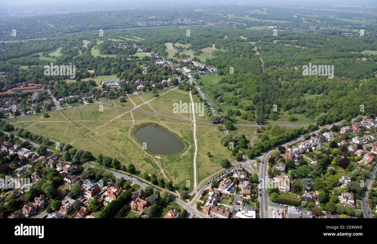 Aerial image of Wimbledon Common with Rushmere Pond prominent in the foreground, London SW19 Stock Photo