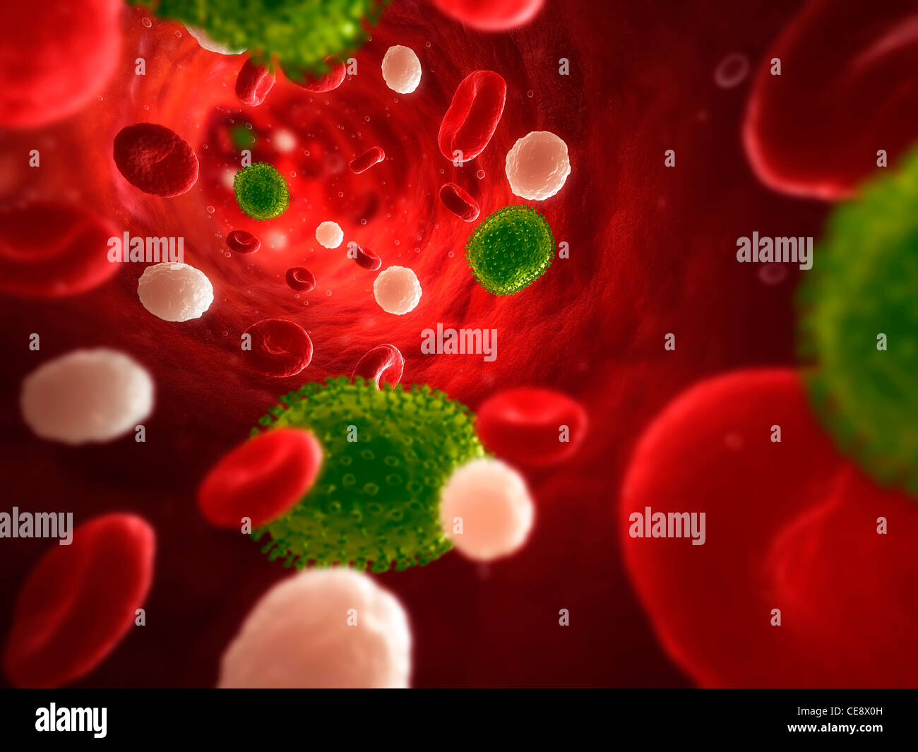 Flu infection, conceptual computer artwork. Influenza virus particles in the blood stream. Stock Photo