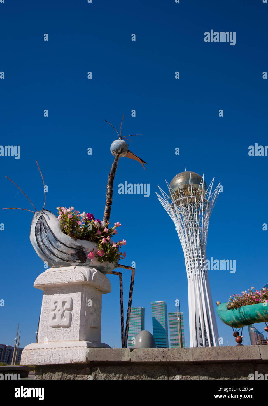 Bird shaped flower pot at the bottom of Baiterek Tower, Astana, Kazakhstan Stock Photo