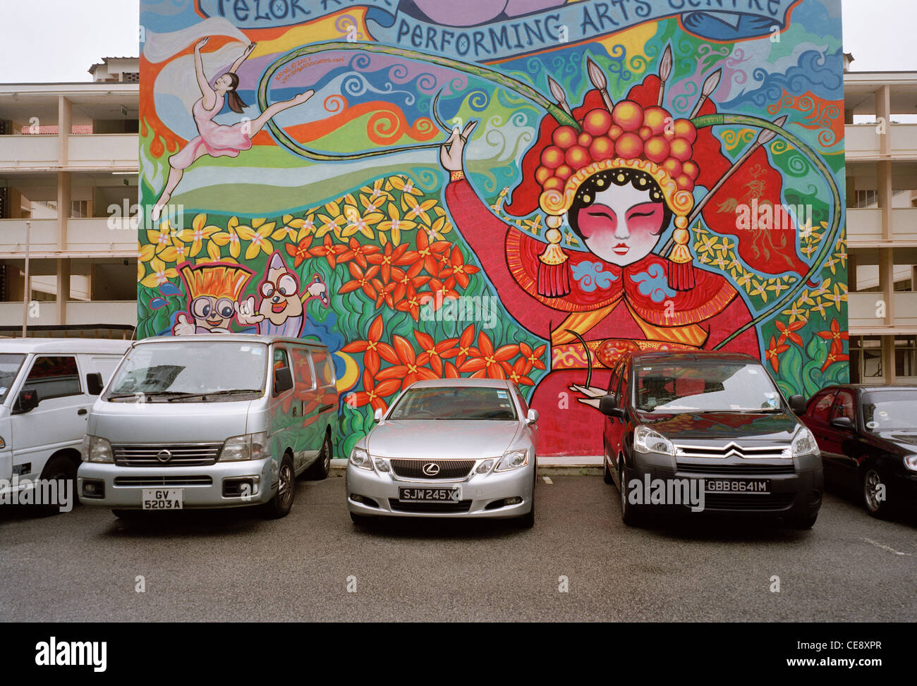 Graffiti in a car park in Chinatown in Singapore in Far East Southeast Asia. Street Scene Cars Life Lifestyle Travel Stock Photo