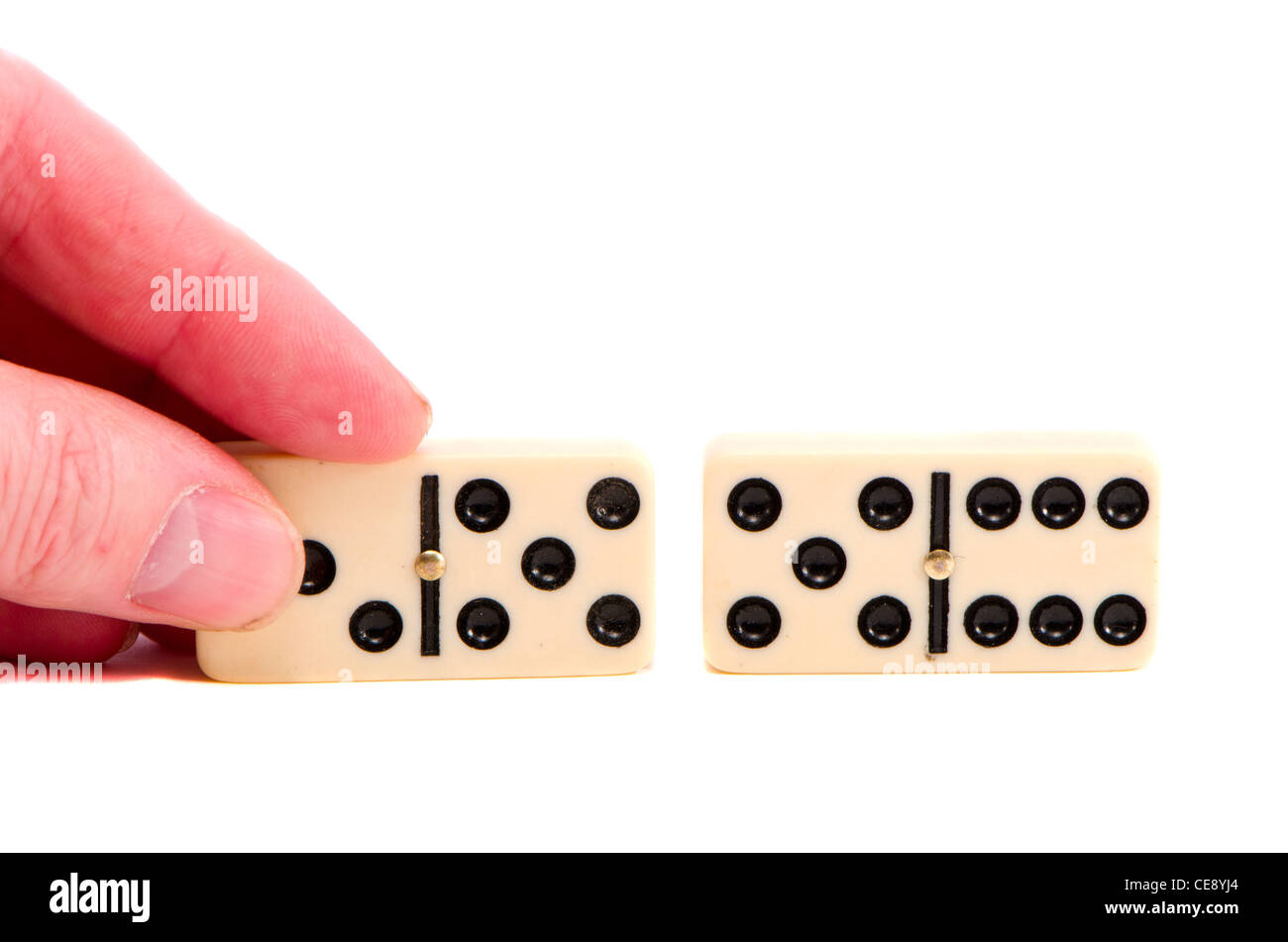 Isolated On White Two Domino Bone And Fingers Stock Photo Alamy