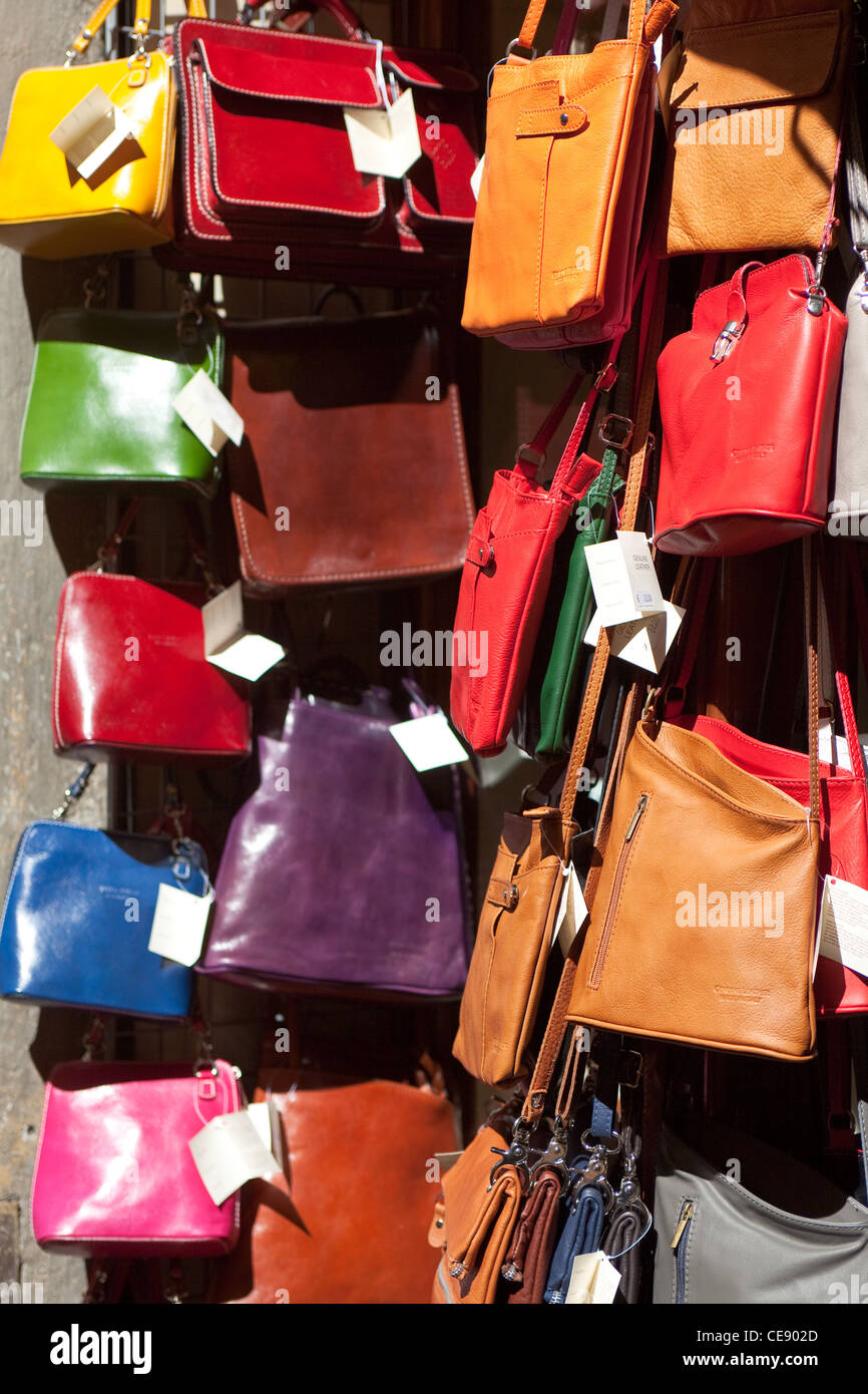 Leather handbags for Sale Lucca italy Stock Photo