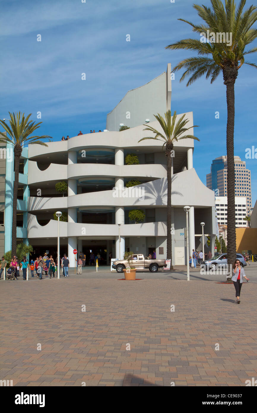 A street scene with the Aquarium of the Pacific parking lot  at the pike, Rainbow harbor, Long Beach, California Stock Photo