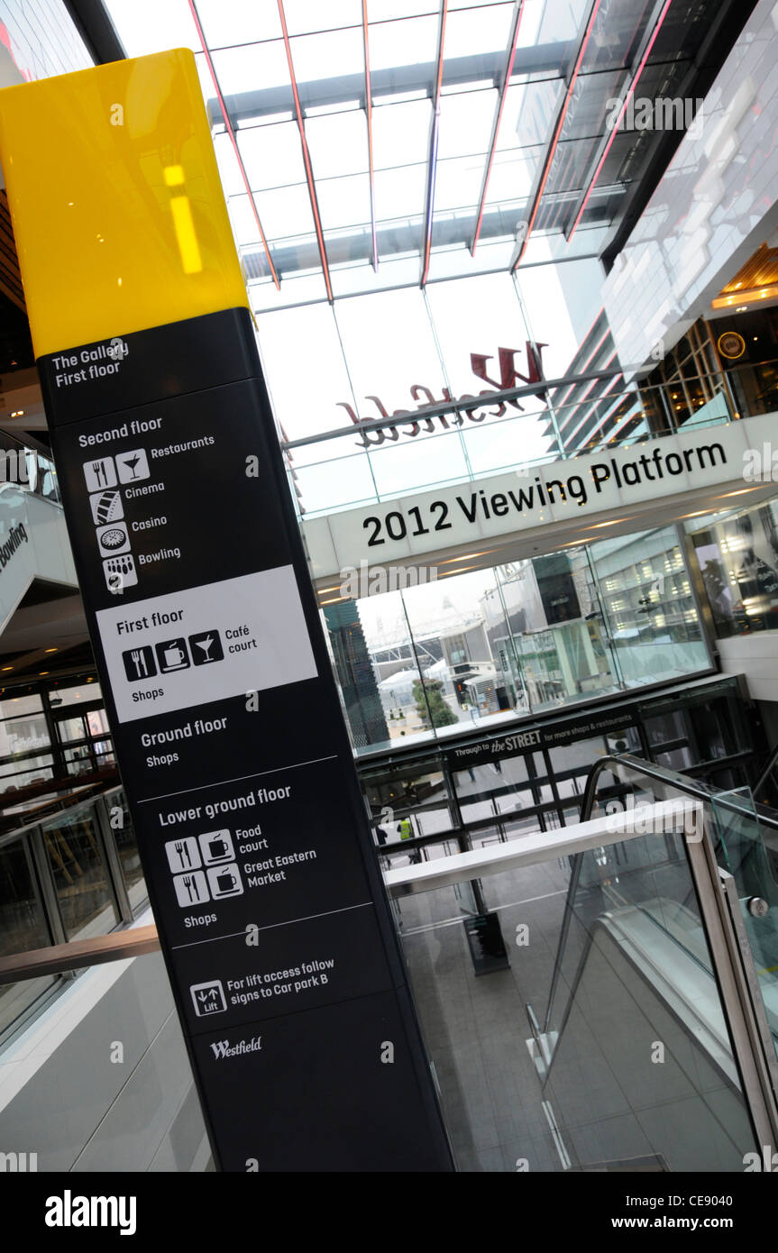 Legible sign within the Westfield shopping complex including viewing platform for London 2012