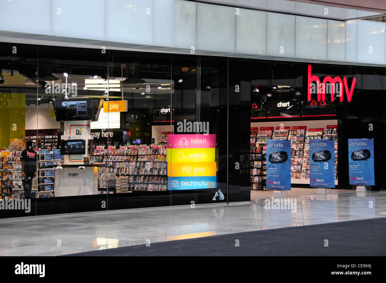 HMV UK music retail store shop front & entrance in Westfield indoor