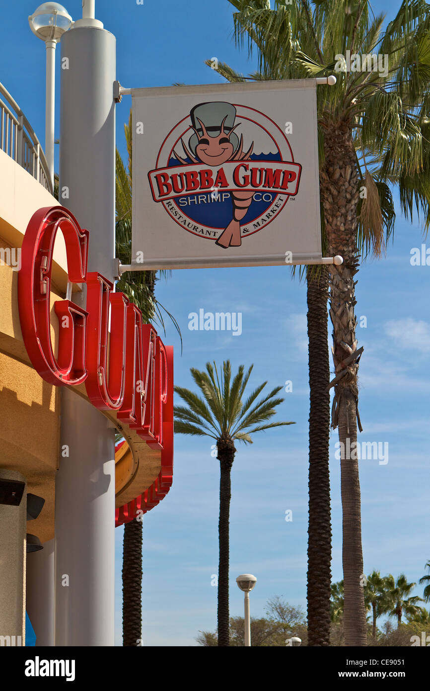 Bubba Gumps restaurant sign and logo  at The Pike Rainbow Harbor Long Beach California USA Stock Photo
