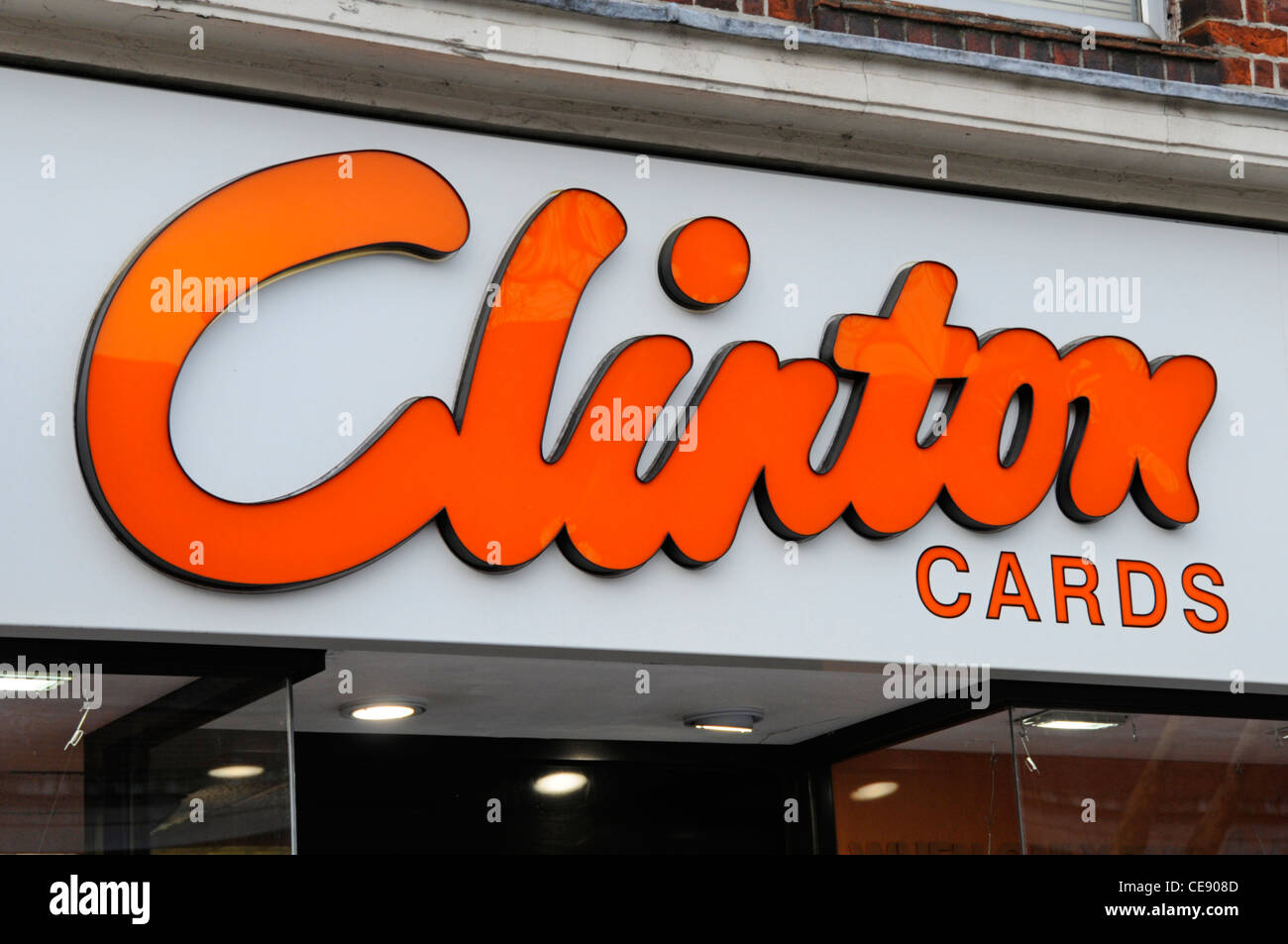 Clinton Cards chain store sign over shop in High Street Brentwood Essex England UK just before administration 2012 & new owner rebranded as Clintons Stock Photo