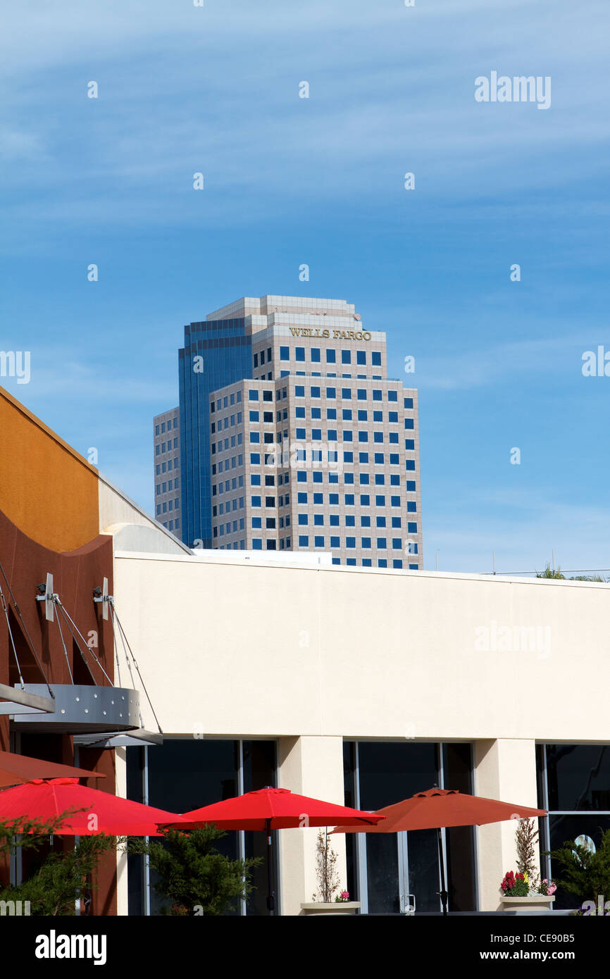 looking up at the Wells Fargo bank building from the pike Rainbow