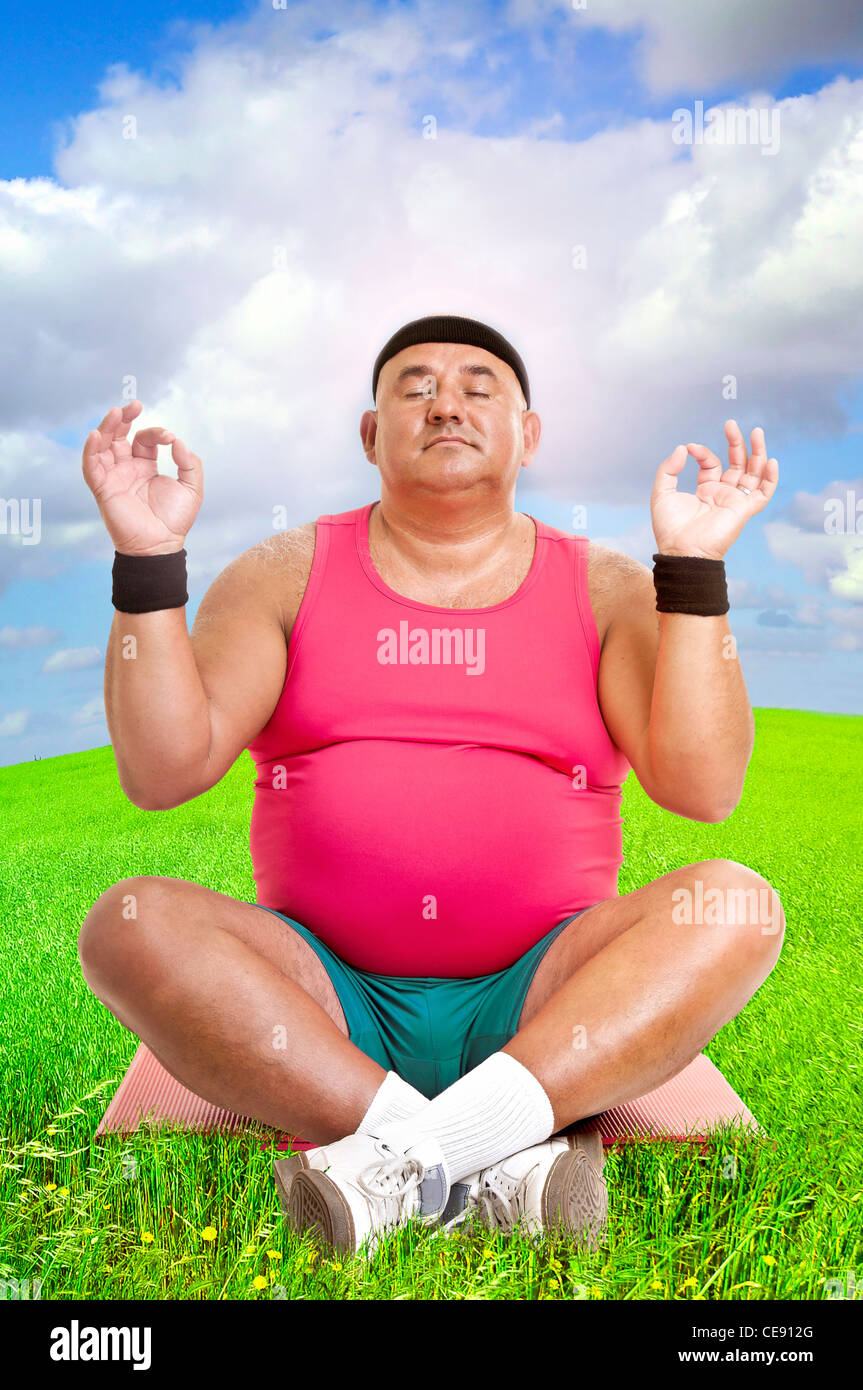 Relaxed fat man doing yoga Stock Photo by ©iakovenko123 119820450