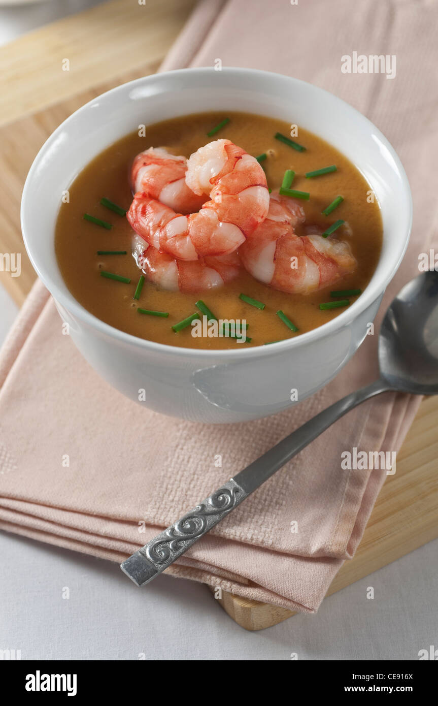Seafood bisque. Prawn shrimp shellfish soup. Stock Photo