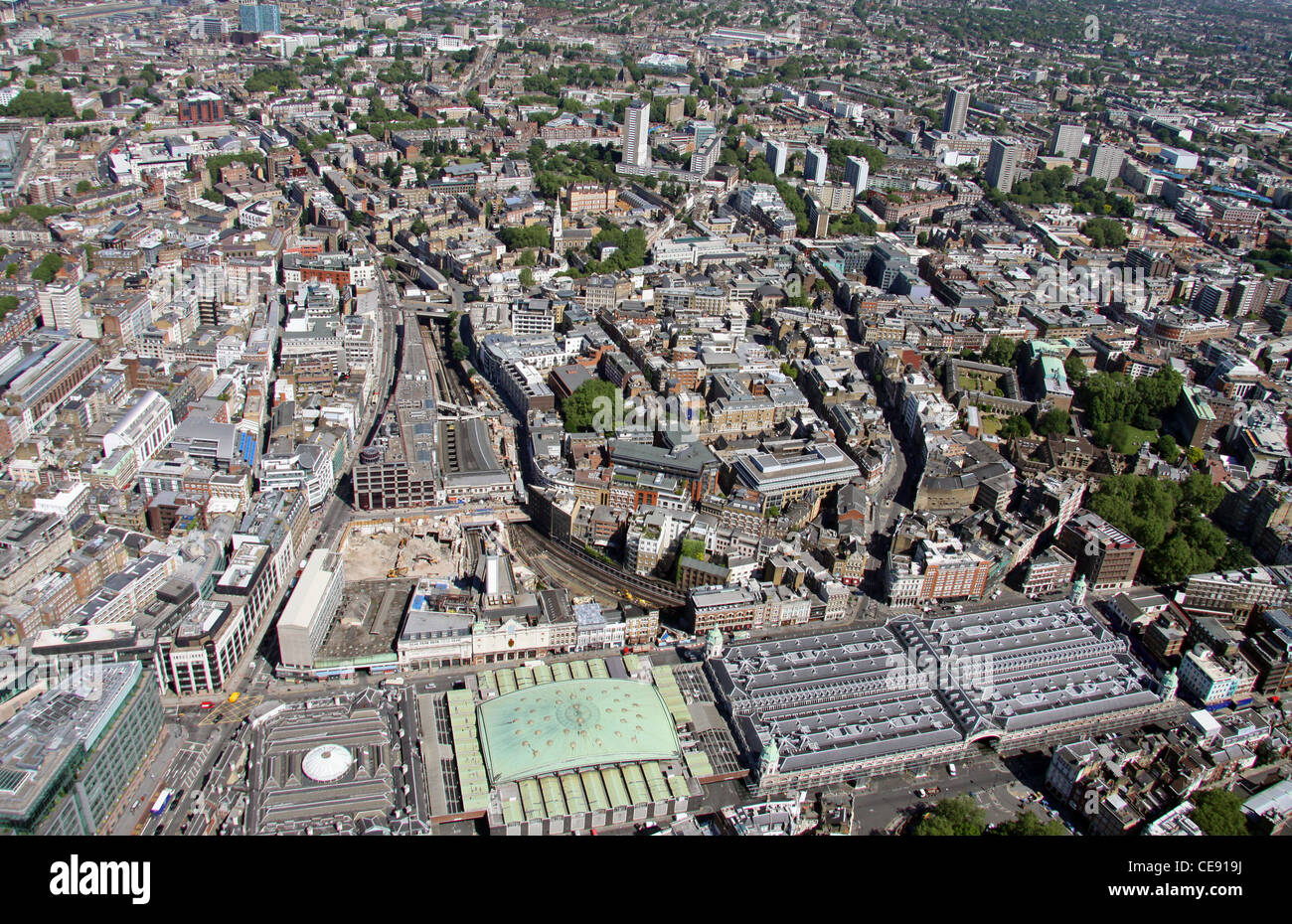 Aerial image of Smithfield Market looking North up the A201 through to Clerkenwell, LondonEC1 Stock Photo