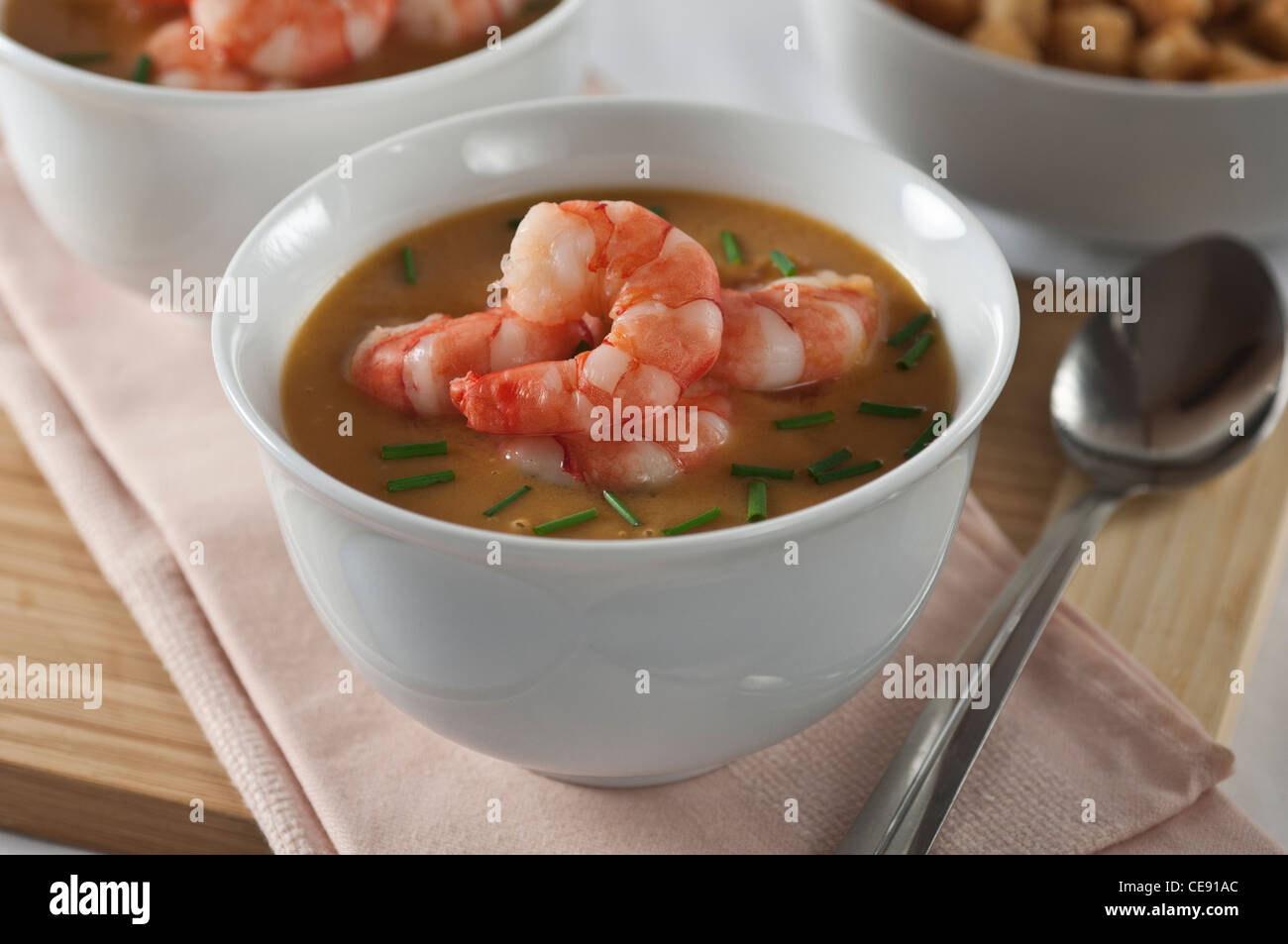 Seafood bisque. Prawn shrimp shellfish soup. Stock Photo