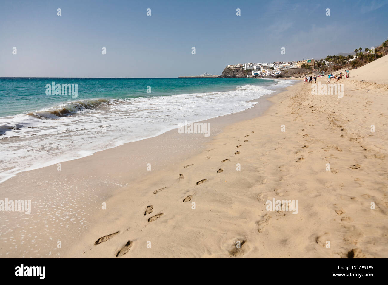 The beach with footprints in the sand at Jandia, , Fuerteventura, Spain Stock Photo