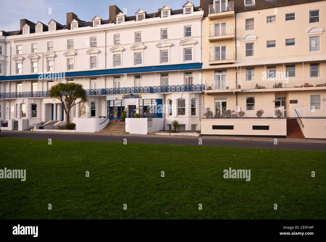 Period Property Buildings with stucco architecture On The Leas Folkestone Kent UK Including The Southcliff Hotel Stock Photo