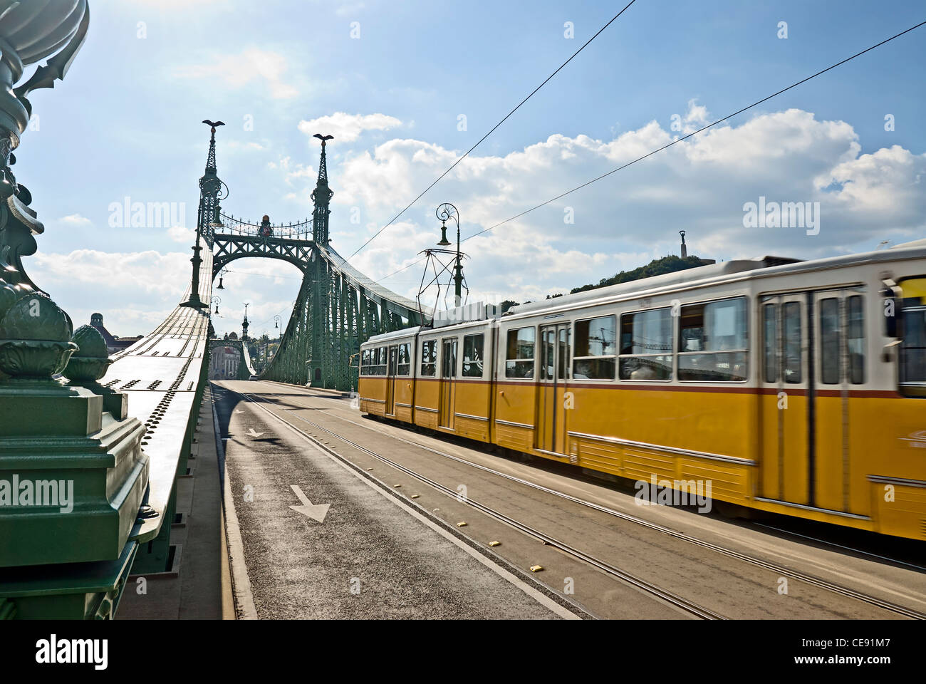 Tram on Liberty Bridge or Freedom Bridge (Szabadsag hid), Budapest, Hungary. Stock Photo