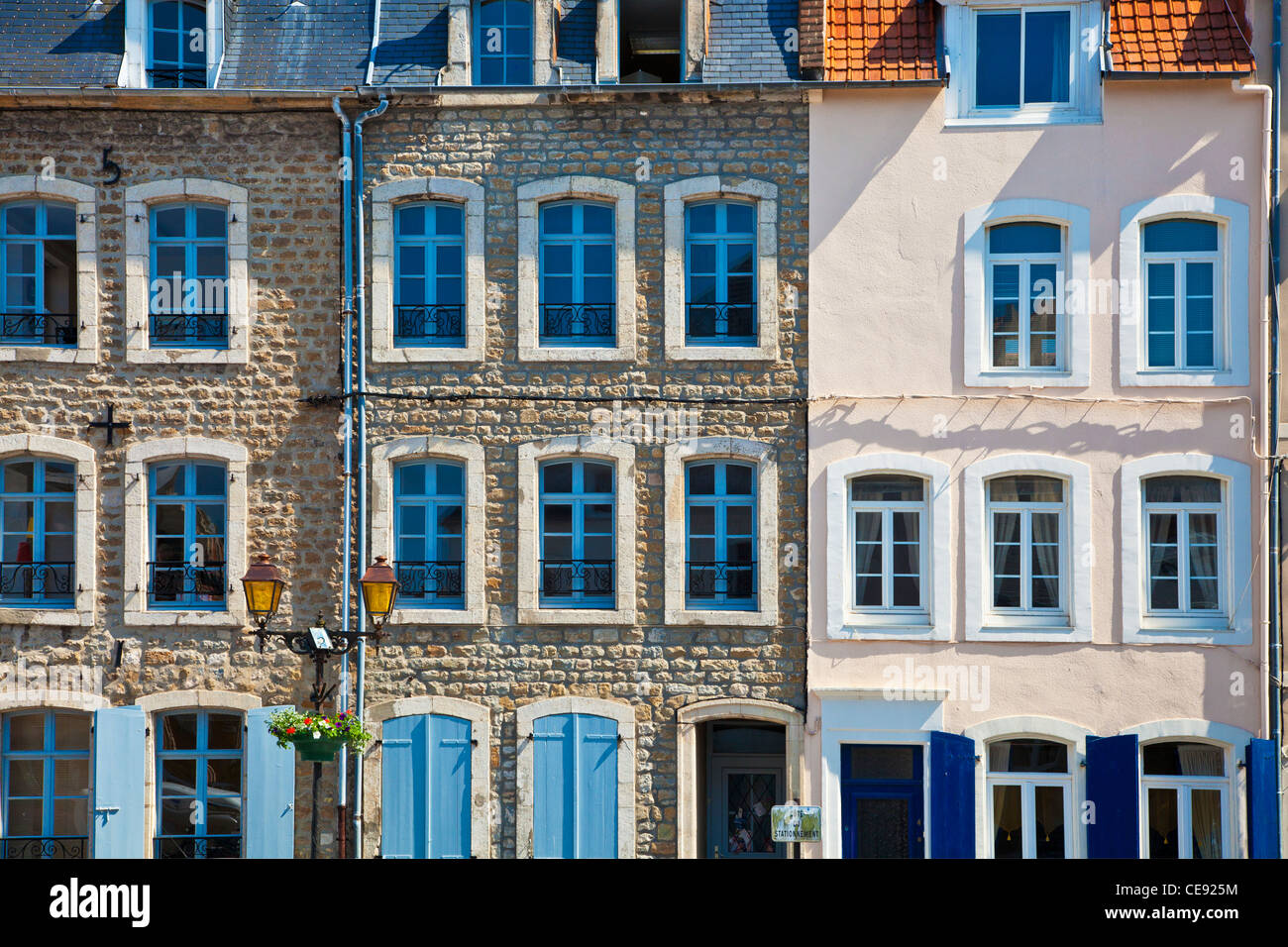 A variety of house facades around the Place Godefroy de Bouillon in Boulogne-sur-Mer, Pas de Calais, France Stock Photo