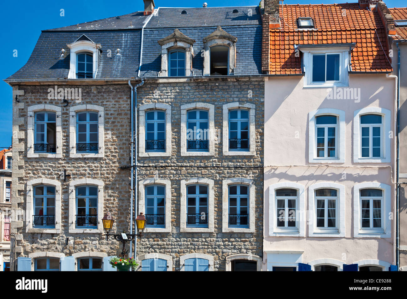 Different architectural styles of houses around the Place Godefroy de Bouillon in Boulogne-sur-Mer, Pas de Calais, France Stock Photo