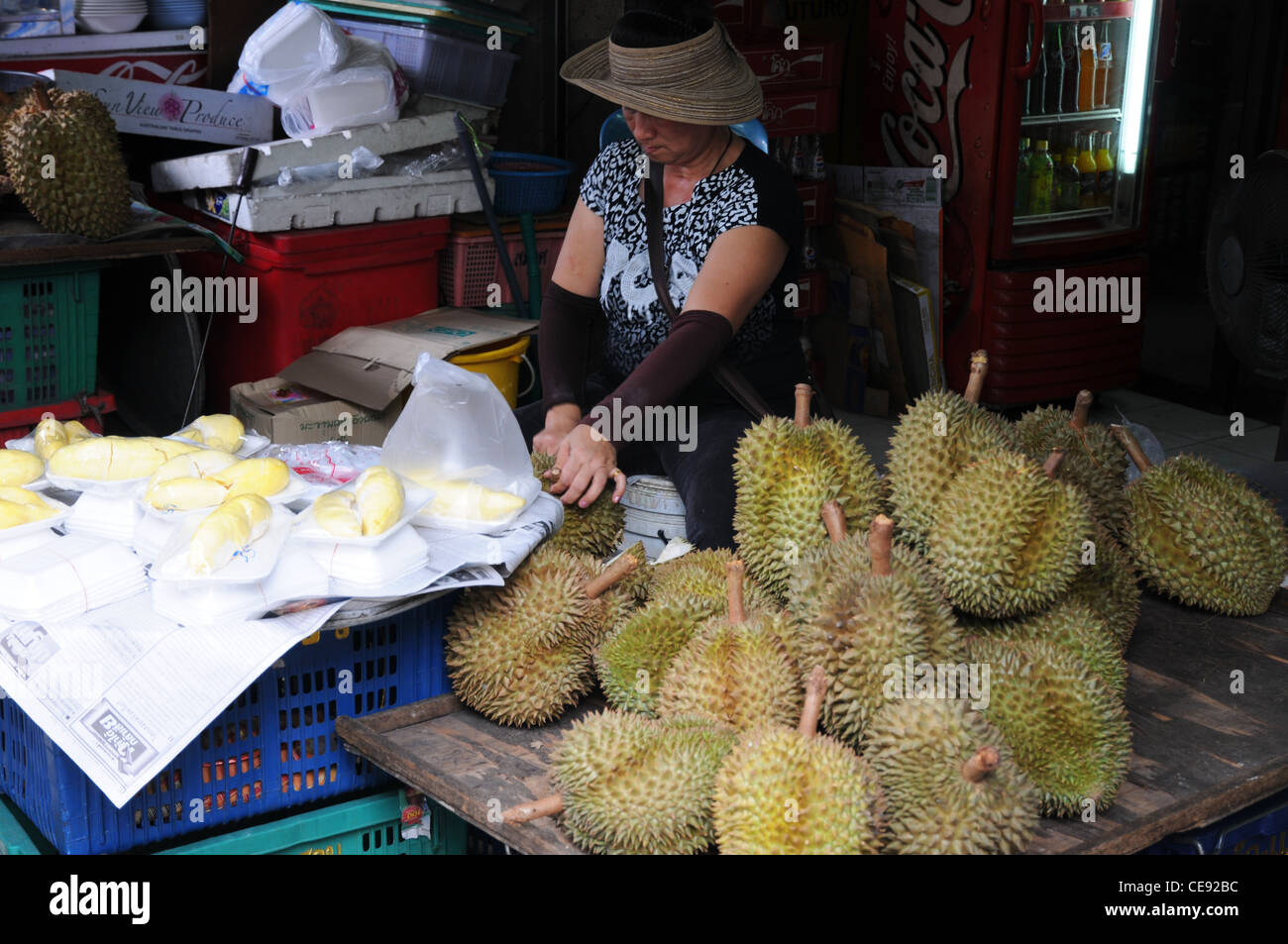 Durian fruit on stand at Thai food market near Tha Chang pier, Bangkok Stock Photo Alamy