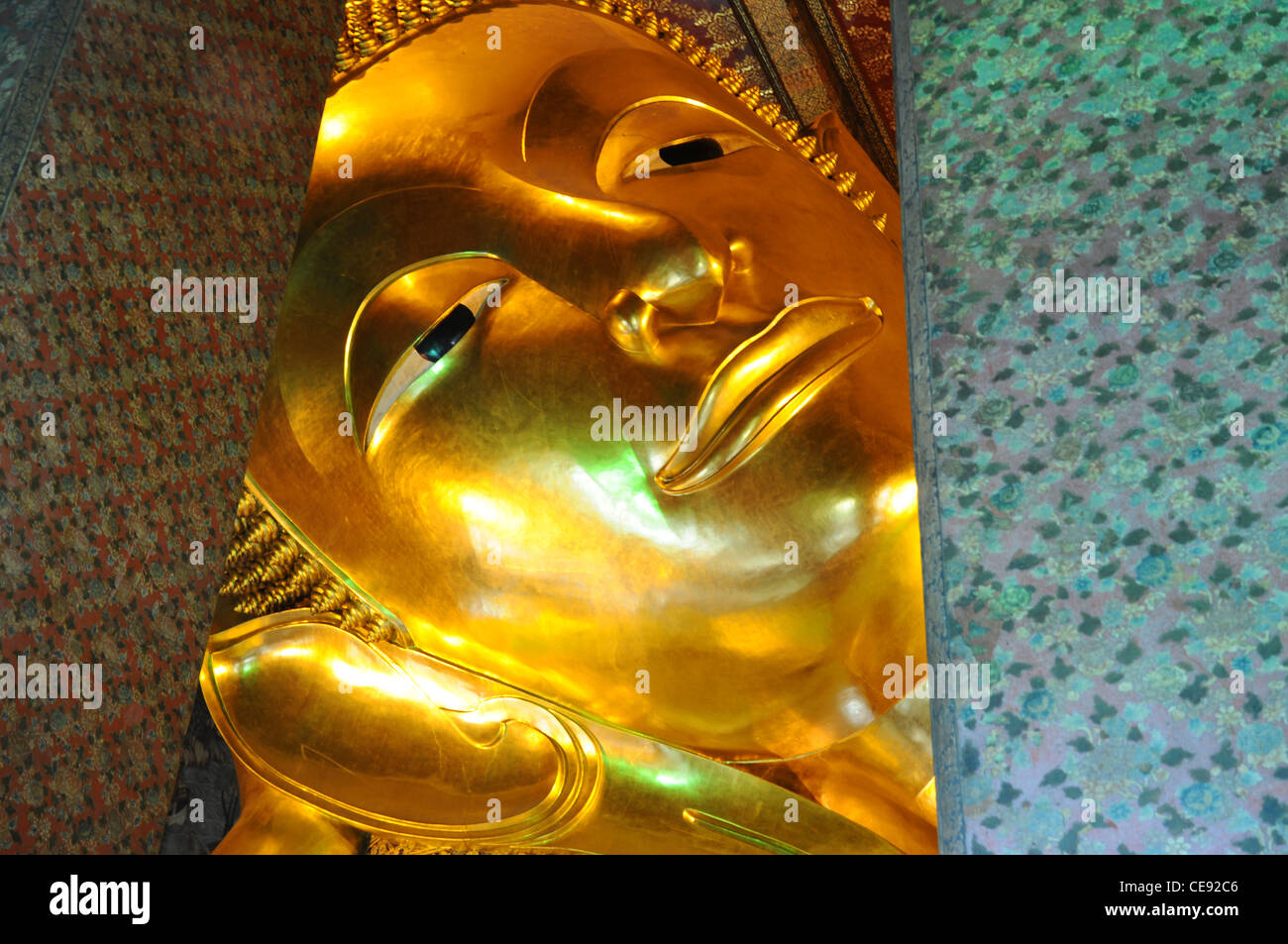 head of reclining Buddah, Wat Pho, Bangkok, Thailand Stock Photo