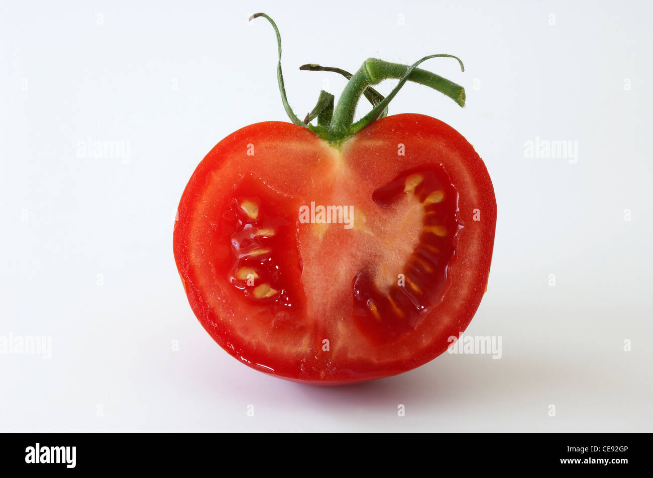 Tomato (Lycopersicon esculentum), halved fruit. Studio picture against a white background. Stock Photo