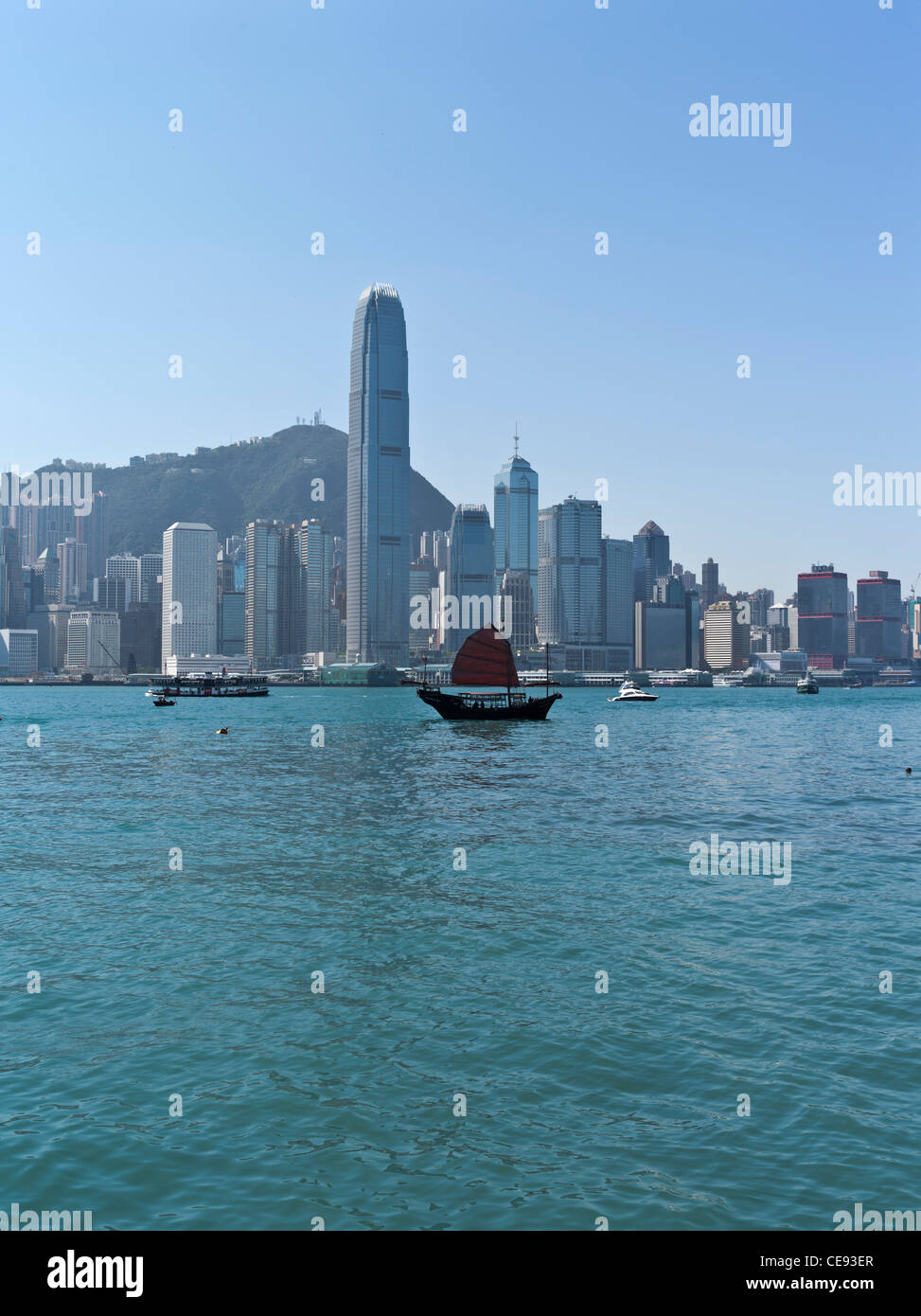 dh Hong Kong Harbour CENTRAL HONG KONG Red sail junk harbour Central buildings IFC2 and Victoria Peak harbor daytime skyline chinese boat cityscape Stock Photo
