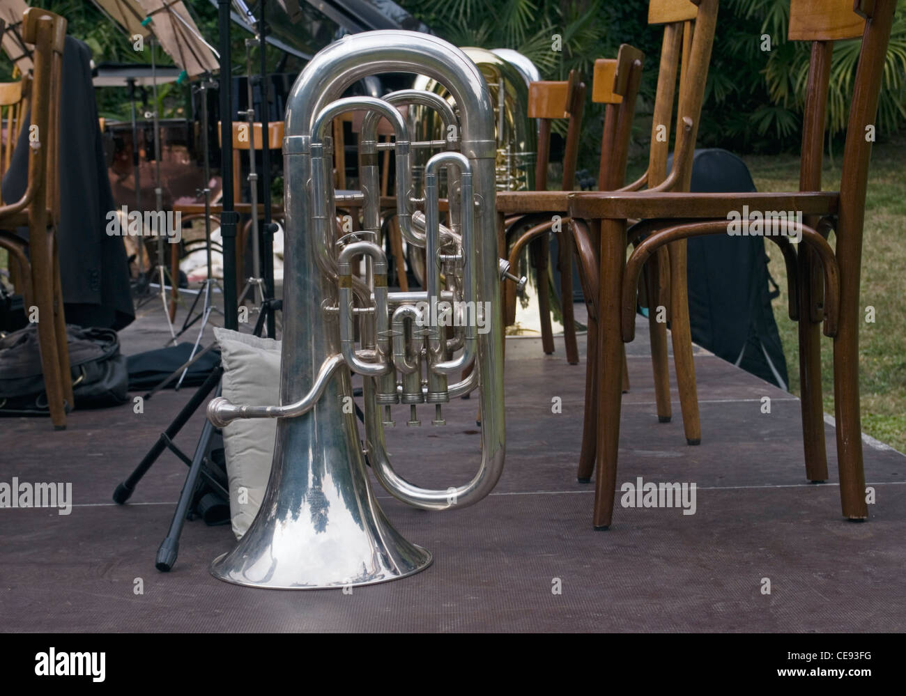 Brass instruments on empty stage Stock Photo Alamy