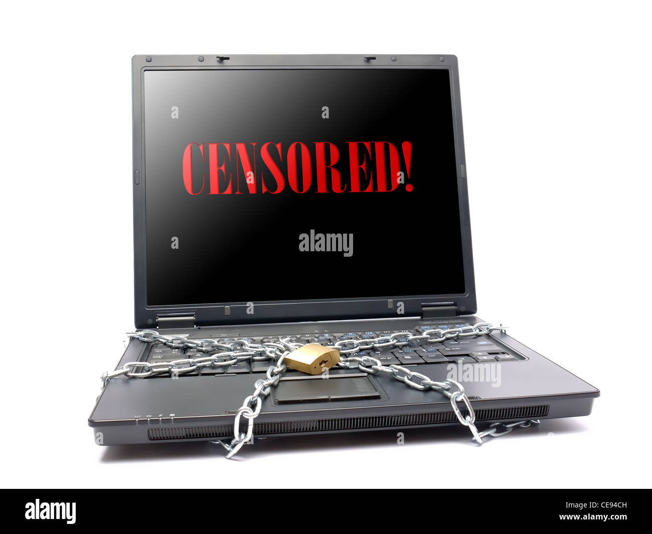 Laptop in chain with red word Censored displayed on the screen - Censorship concept Stock Photo