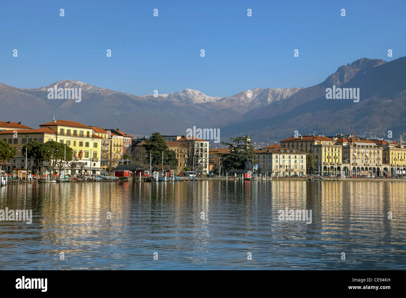 View of the city of Lugano, Ticino, Switzerland and the lakeside promenade of Lake Lugano. Stock Photo